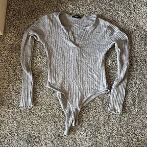 Gray Ribbed Long Sleeve Bodysuit